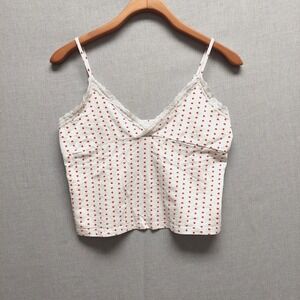 Y2K Heart Print Lace Trim Crop Cami Top Cottagecore Coquette Soft Girl Tank S